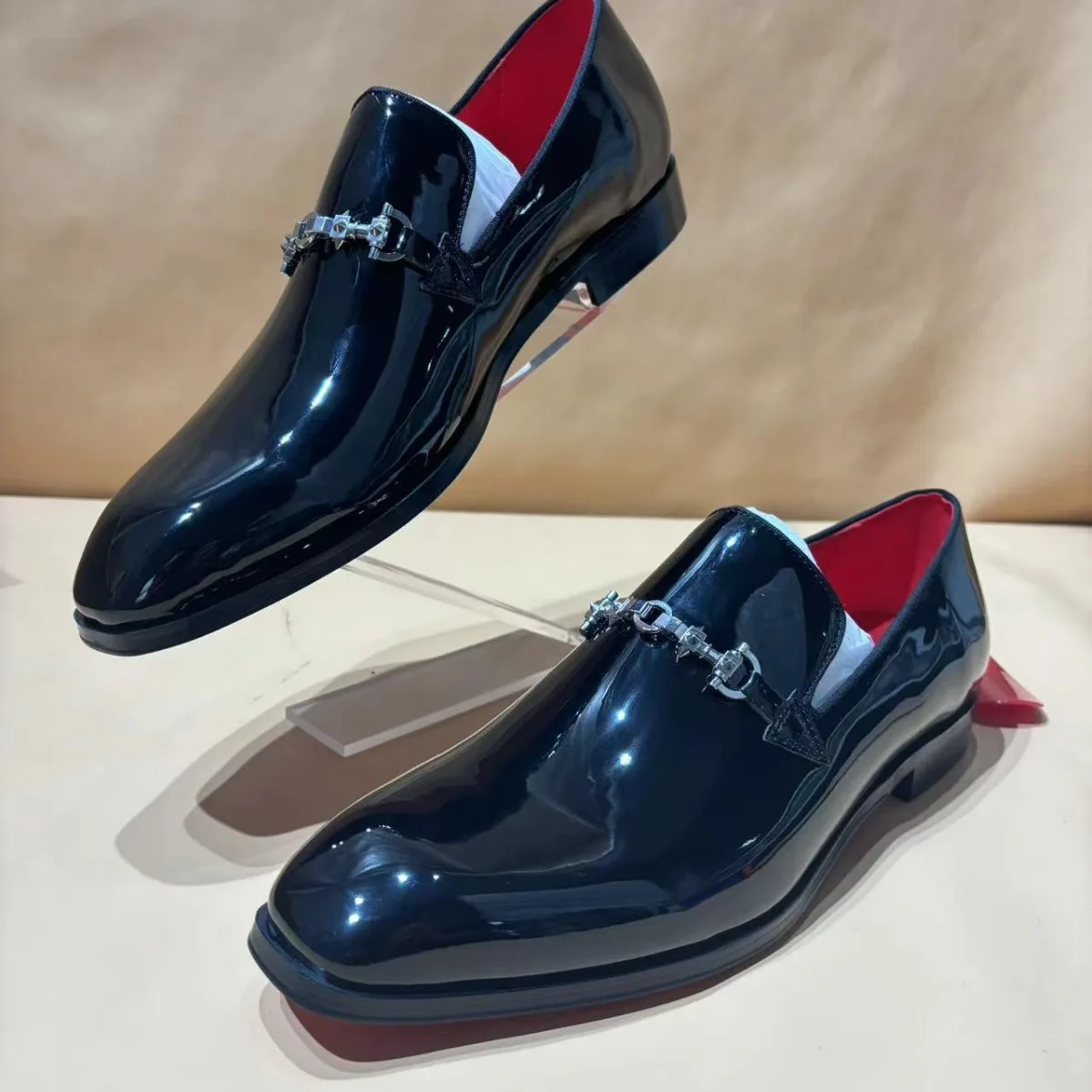 

Patent Leather Black Shoes Men Metal Decorative Shoe Clasp Loafers Formal Flat Small Square Toe Summer Wedding Office Shoes