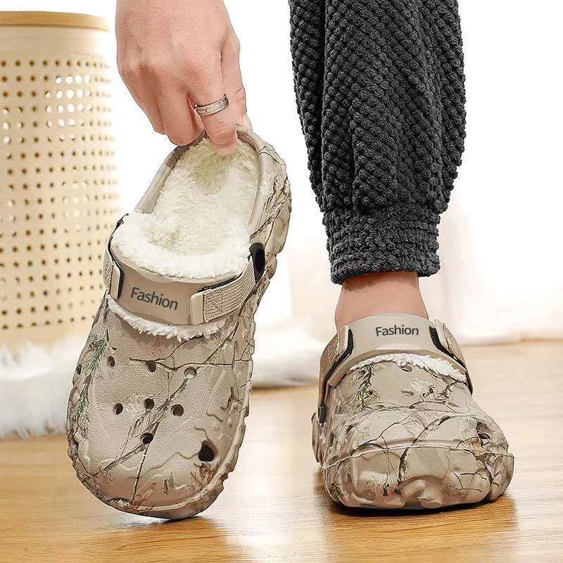 SHAJI Winter Garden Clogs Men Warm Slippers Plush Fur Sandals Slides Couples Concise Home Cotton Shoes Outdoor Fluffy Slides