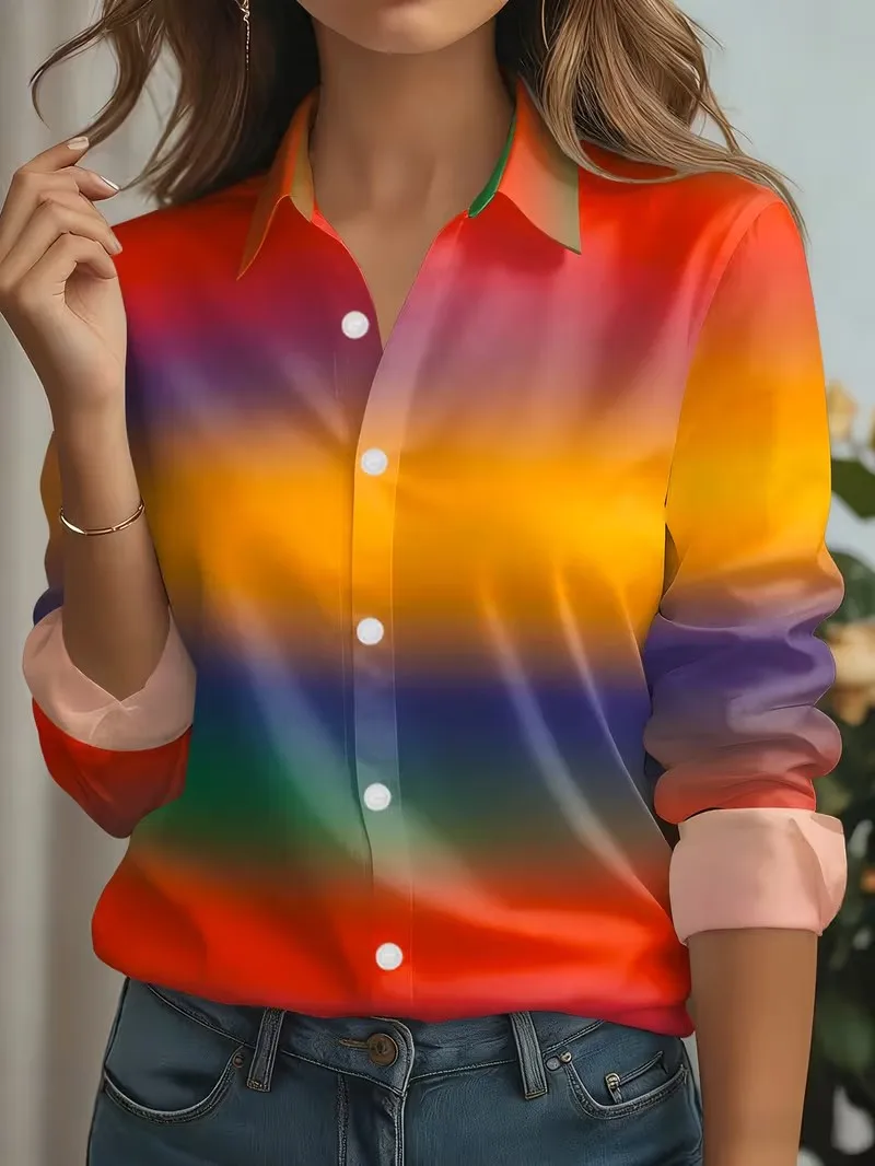 2026 Women's Shirts Gradient Graphics Print Blouse Lapel Neck Blouse Women's Long Sleeve Shirts Womens Clothes Female Clothing