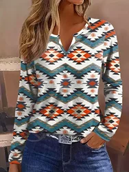 Moda damska Geometryczne koszulki z nadrukiem Casual V Neck Full Long Sleeve Shirts Tops Ladies Basic Kniited Tee Shirts