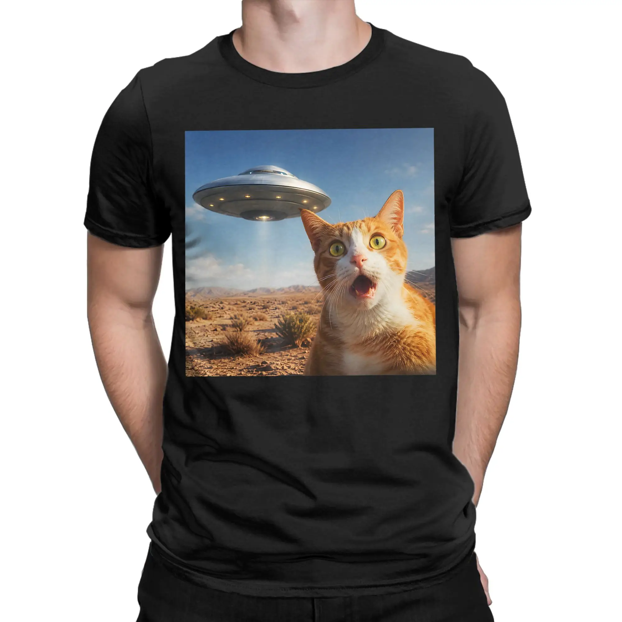 Funny Shocked Cat UFO Desert Alien Encounter T-Shirts for Men  100% Cotton Tees O Neck Short Sleeve T Shirts Plus Size Clothes