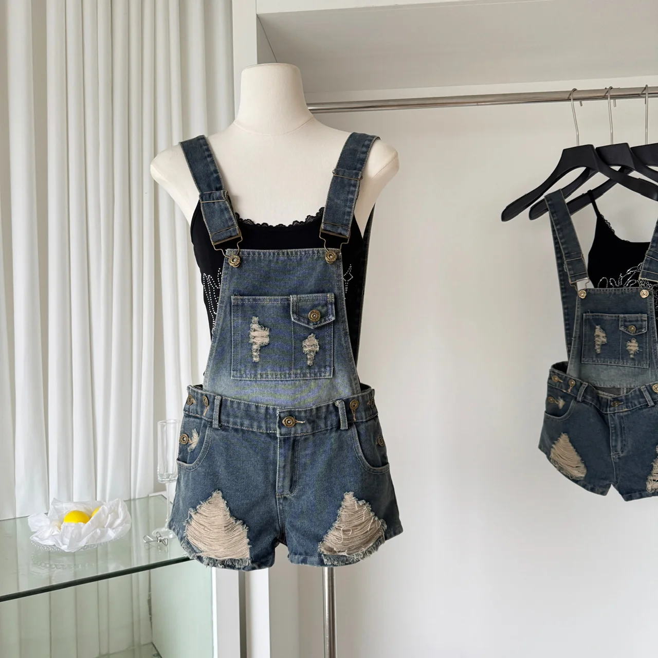 

Spring Summer New Style Pure Desire Playful Two Color Denim Strap Shorts Women's New Model High Waist Vintage Look Jeans