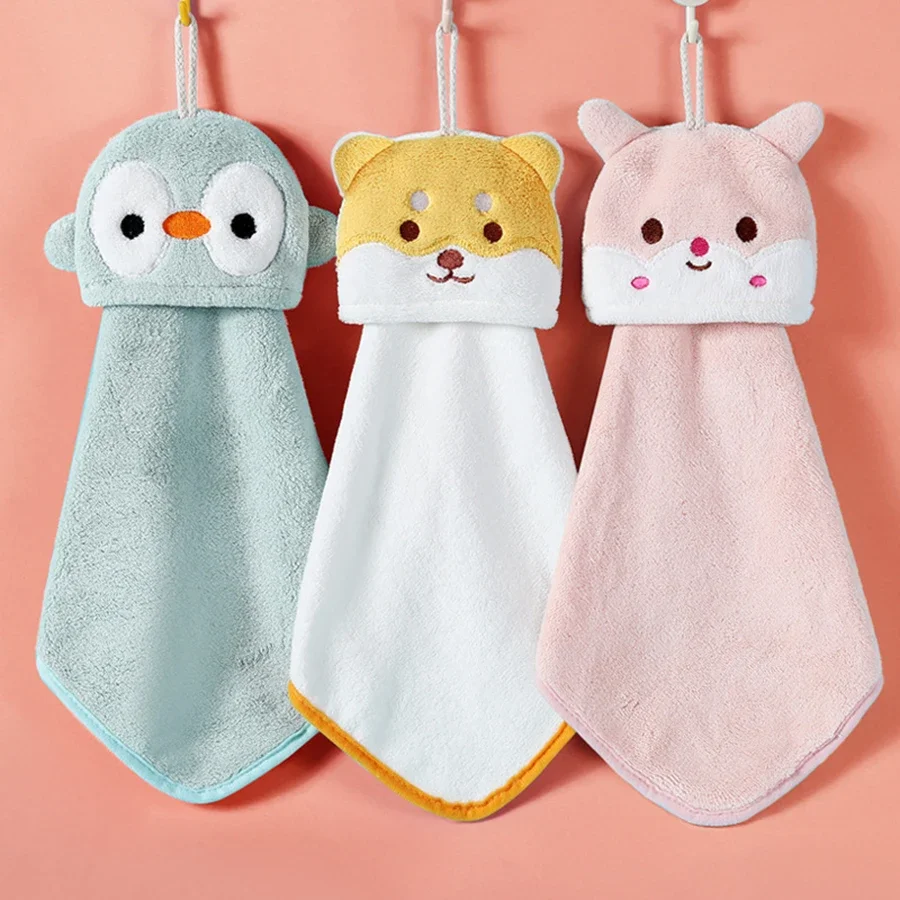 Coral Fleece Kitchen Bathroom Toilet Kid Hand Towels Hanging Type Super Water Absorption Quick Drying Cartoon Animal Hand Towel