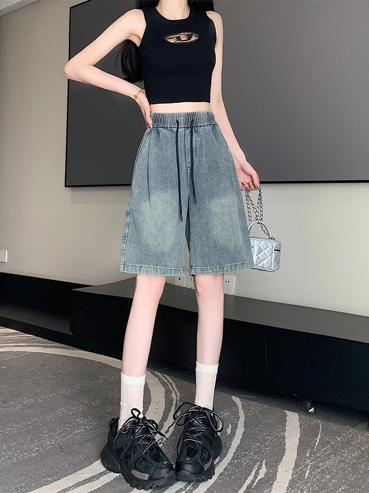 

High Waist Wide Leg Denim orts Women's Loose Fit Summer Slimming Straight Cut Five-Quarter Length Jeans Retro Sle