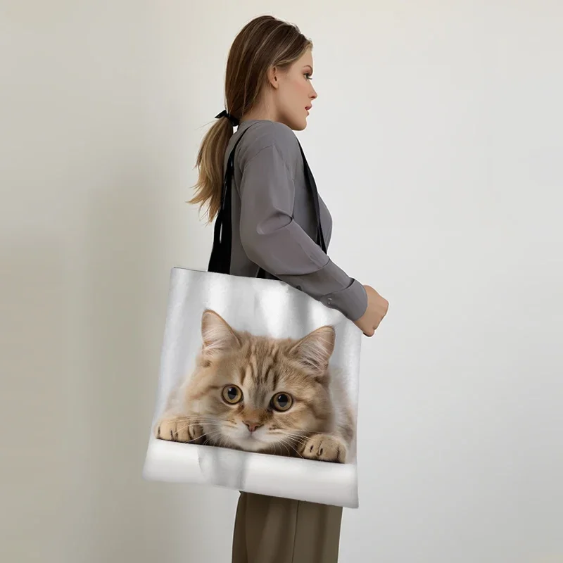 Kawaii Prone Cat Print Tote Bags Peeking Cats Women Handbag Shoulder Bag Lying Felid Large Capacity Storage Bags for Travel Gift