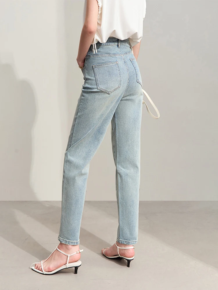 AmiiI Minimalism 2024 Summer New Women Classic Jeans Denim Retro Leather Tag Decorated Female Ankle-legth Tapered Pants 12442079