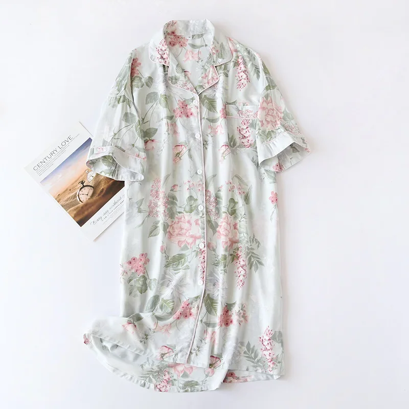 Gaun Malam Kardigan Katun Musim Panas Wanita Gaun Malam Lengan Pendek Wanita Longgar Gaun Tidur Print Floral Kartun Nachtkleding Vrouwen