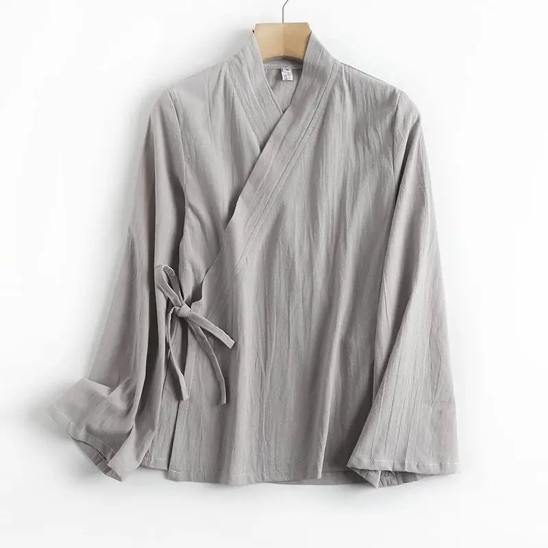 

Женские хлопковые топы Hanfu с длинными расклешенными рукавами и v-образным вырезом, китайская винтажная рубашка Hanfu с завязками на подкладке, большие размеры
