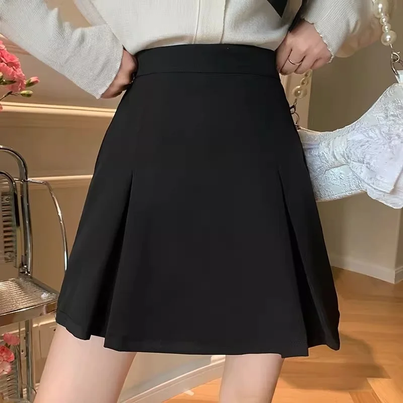 Black A-Line  Skirt for Women Spring 2024 New College Style Anti-Light High Waist Polyester Fabric Girls Premium Skirts