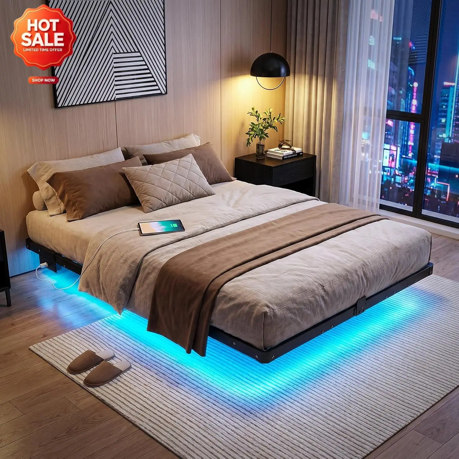Full Floating Bed Frame with Smart LED Lights, USB Charging Station | Sturdy Metal Platform Bed, Mattress Slide Stopper, Noise F