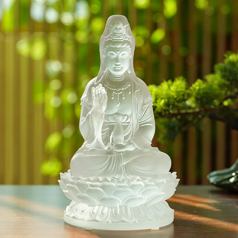 Glass Vase with Bodhisattva Lotus Seat Guanyin Buddha Statue Wealth God Figurine for Home and Temple Decoration Craf