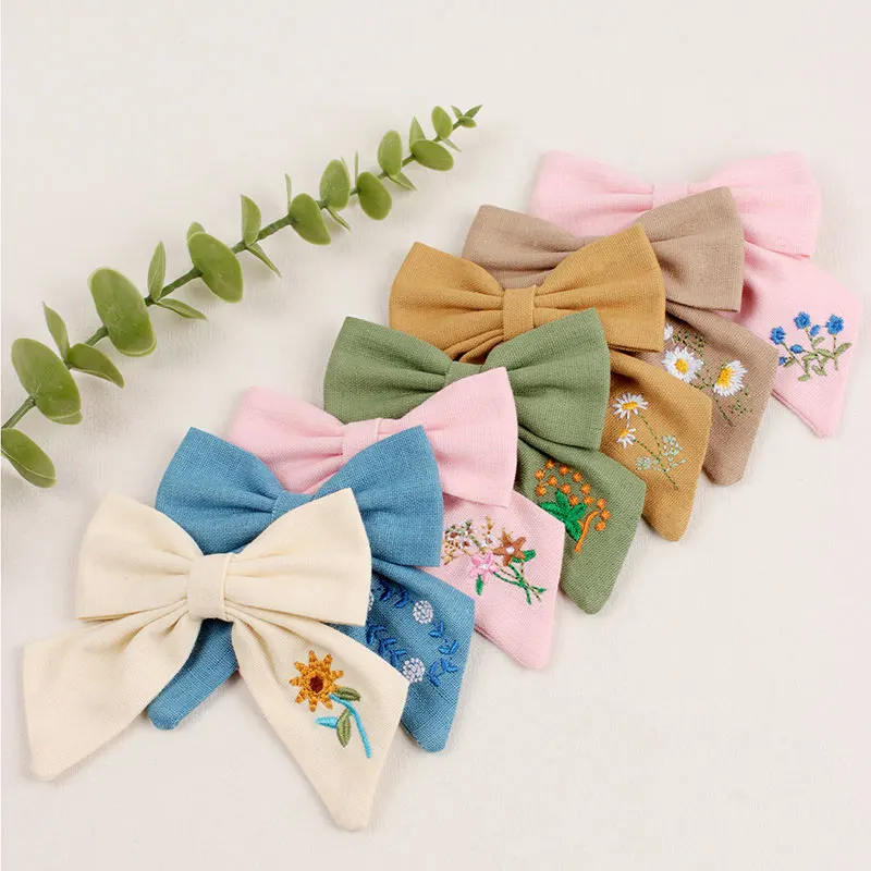 Sweet Girls Embroidered Hair Clips Daisy Flower Bowknot Hairpins Barrettes Hair Bows Ornament Headwear Kids Hair Accessories