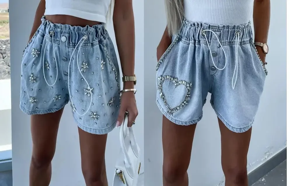 CPSYMYM Women's Denim Shorts  Summer Rhinestone Heart Pattern Drawstring Casual Pocket Design Daily Denim Shorts Streetw