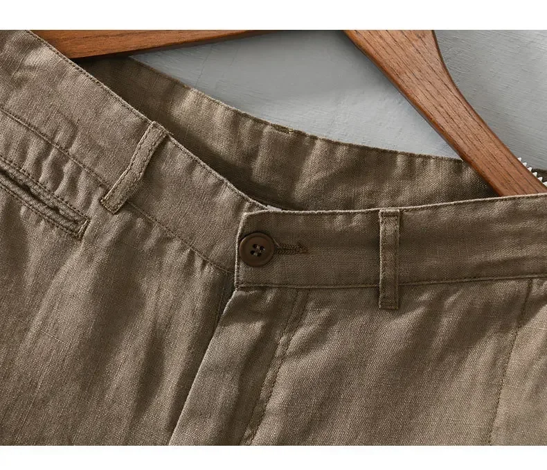 الصيف 100% الكتان السراويل للرجال عادية تنفس شورتات للبحر الذكور منتصف الخصر مستقيم الركبة طول السراويل السراويل بسيطة يوميا