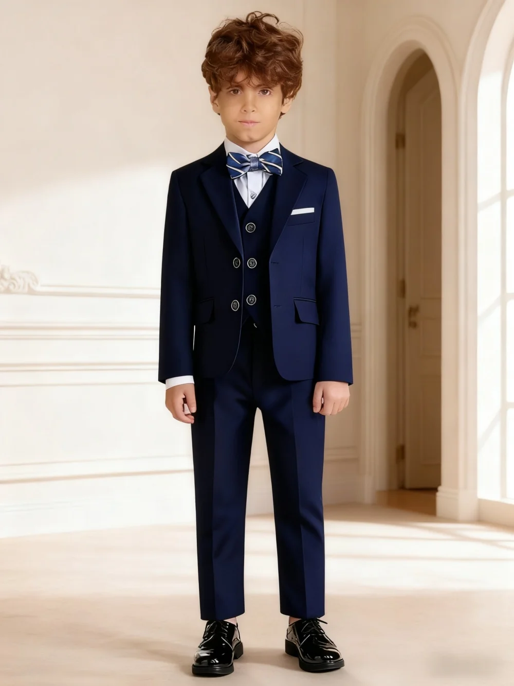 

Elegant Navy Boys Suit For Wedding Teenager Kids Formal Ceremony Tuxedo Dress Children Photography Blazer Party Suit