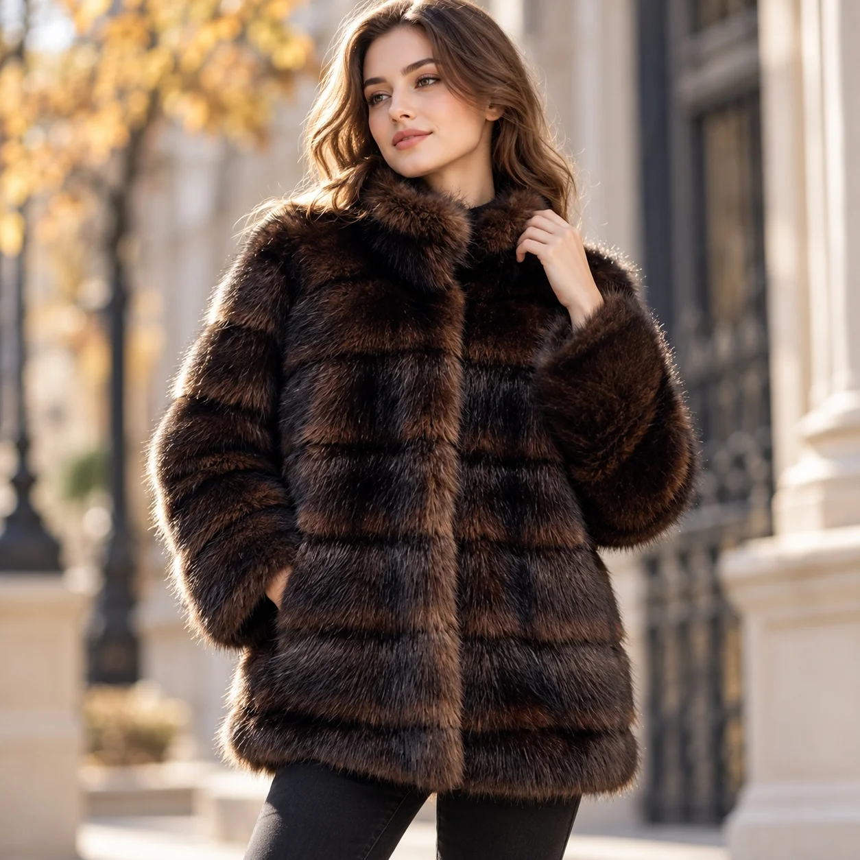 No Hood Stand Collar Loose Fit Coat with Casual Elegant Commuter Regular Sleeve Autumn Regular Length Long Sleeve Women Coat