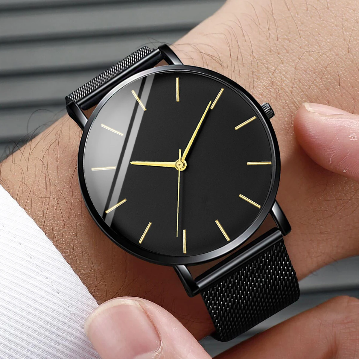 Fashion Men Business Watches Ultra Thin Stainless Steel Mesh Belt Quartz Watch