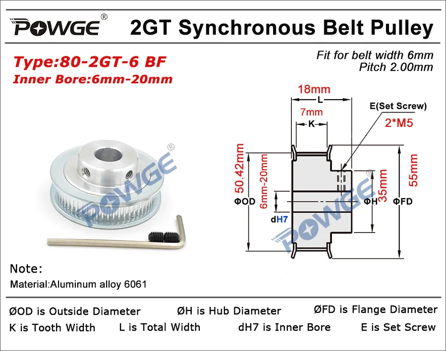 POWGE 80 Teeth 2M 2GT synchronous Pulley Bore 5/6/6.35/ 8/10/12mm for width 6mm 2MGT Timing Belt GT2 pulley Belt 80Teeth 80T
