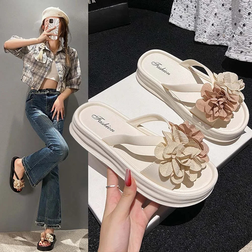 Tongs décontractées à fleurs pour femmes, chaussures optiques, sandales de bord de mer, coordonnantes, de plage, d'été