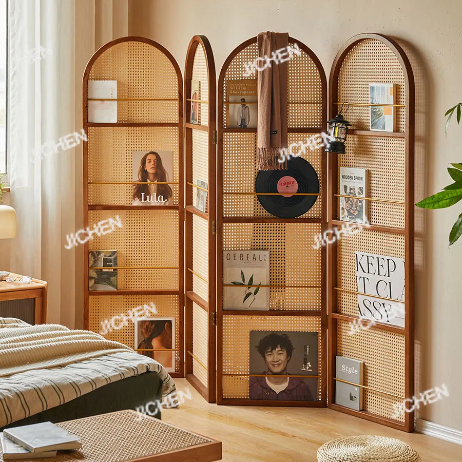 

Living room folding rattan screen porch retro partition French bedroom blocking mobile storage bookshelf