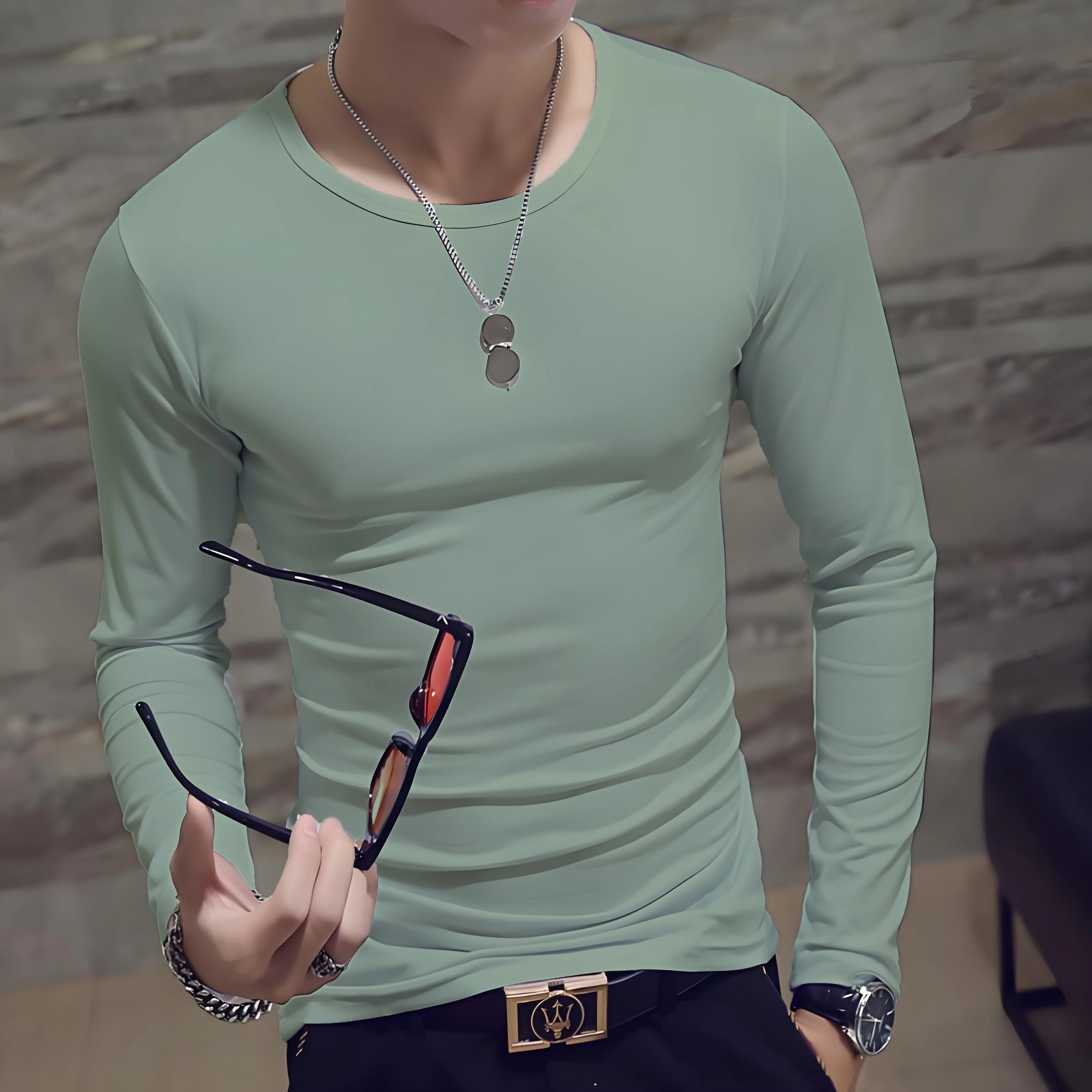 Men's casual fashion solid color long-sleeved round neck T-shirt classic men's spring and autumn thin comfortable top image 3