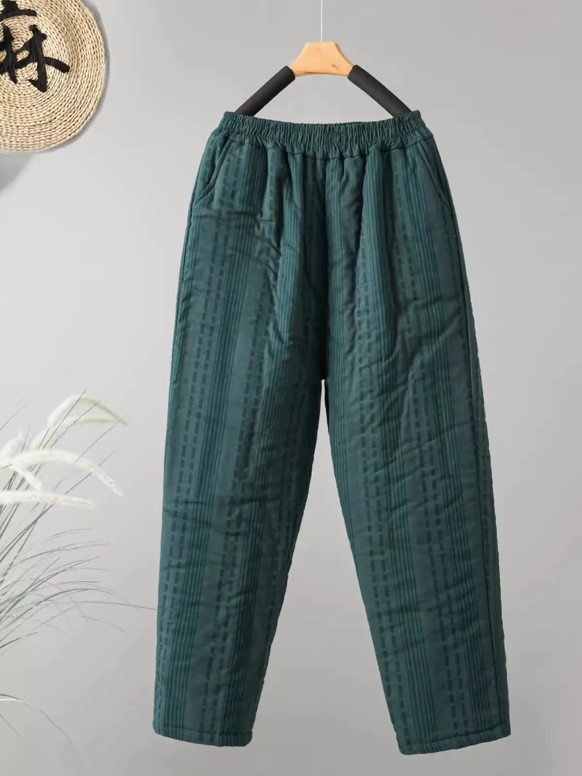 Middle Age Mommy Quilted Pants 2024 New Winter Outerwear Vintage Cotton-Padded Harem Pants Casual Loose Striped Long Trousers