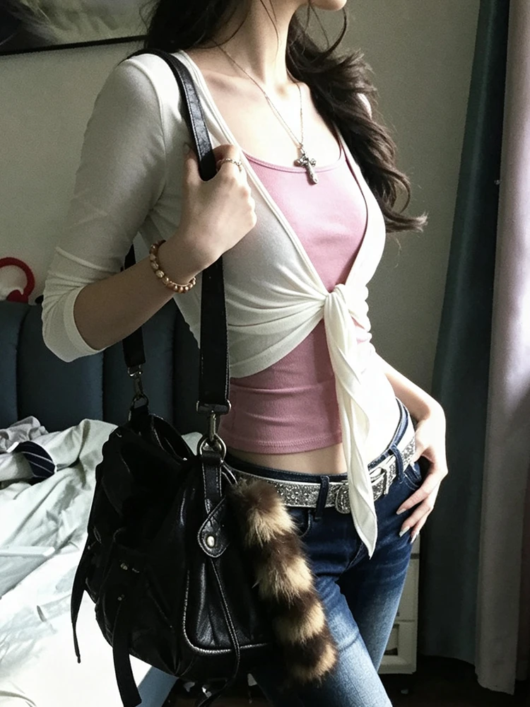 Genayooa Y2k Japanische Zweiteilige Oberteile für Damen Dreiviertel-Weißer Cardigan + Ärmelloses Camisole Streetwear Patchwork T-Shirts E-Girls – Detail 7