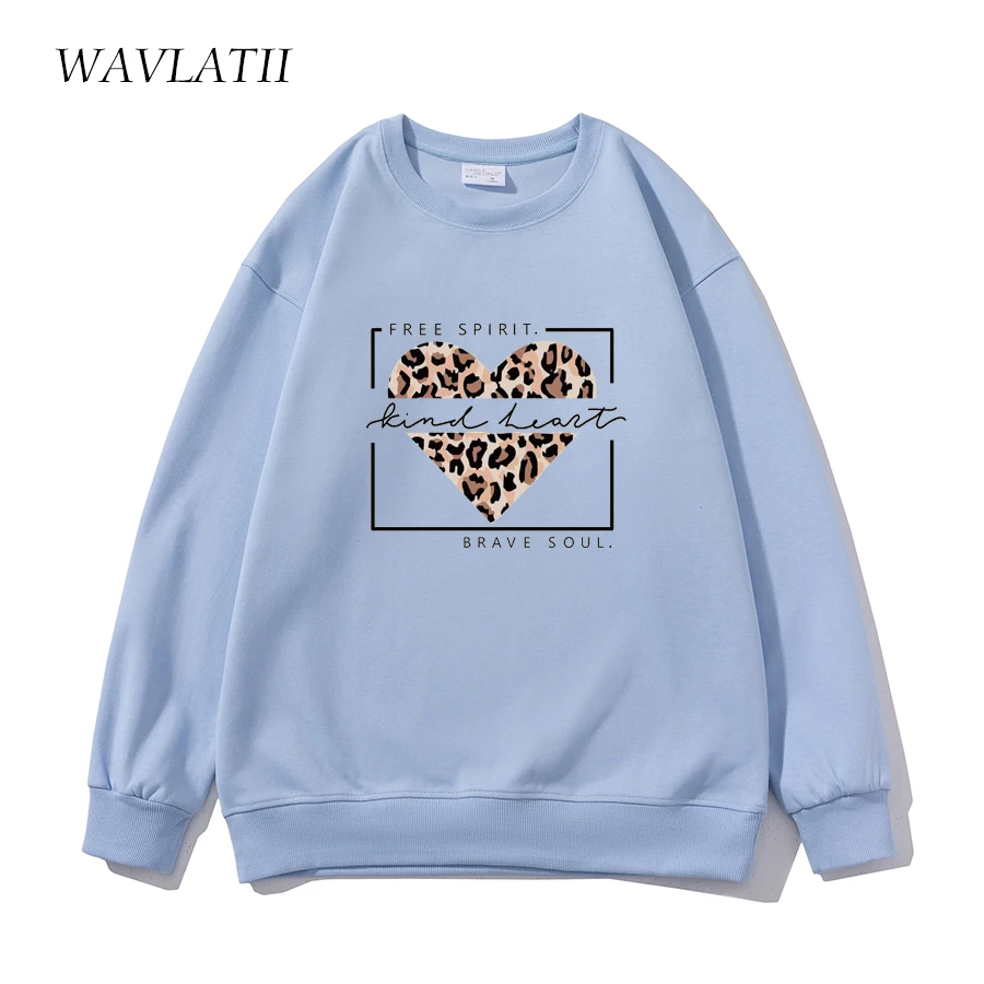 WAVLATII New Women Casual Cotton Sweatshirts Female Light Khaki Leopard Heart Printed Hoodies Lady Tops for Spring Autumn WH2352