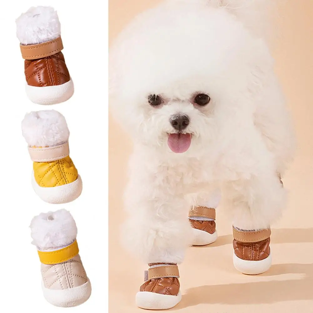 4Pcs Pet Shoes For Dogs Adjustable Contrasting Color Keep Warm Plush Small Dog Winter Thicken Snow Boots Pet Supplies