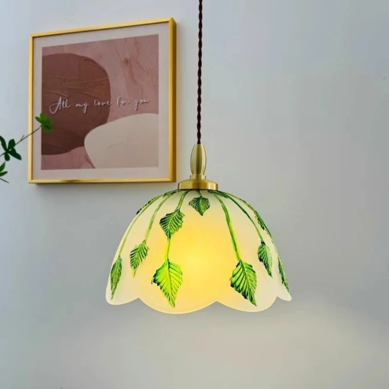 French Retro Glass Pendant Lights Green Leaf Pattern Brass Art Decor Restaurant Kitchen Bedsides Small Hanging Lamps Ornaments