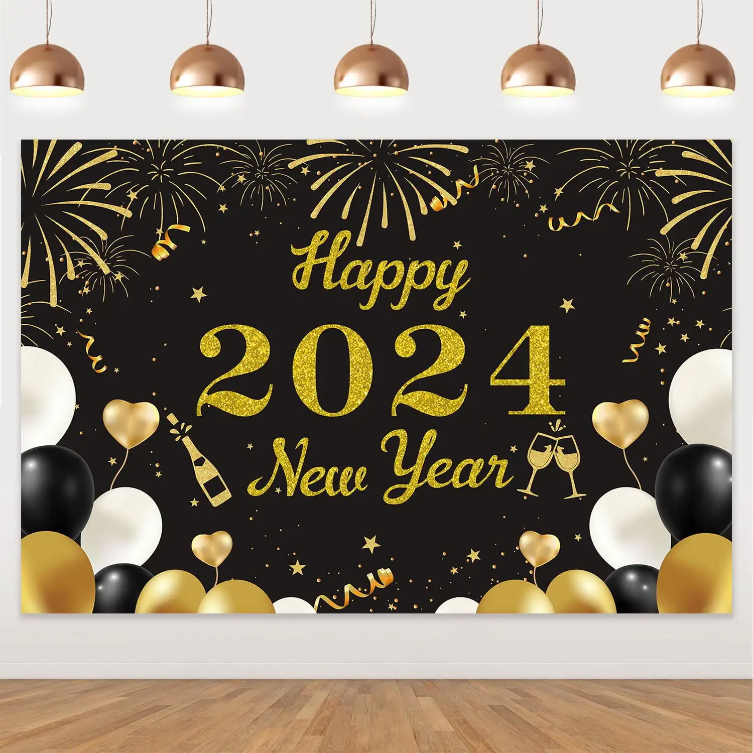 

SURPRISE-Happy New Year Backdrop, Black, Gold, Printed Background for New Year, Themed Party Decorations, 2022