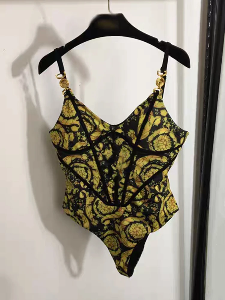 Designer Retro Geometric Print Hardware Buckle Strap Tube Top Jumpsuit Summer Women's Clothing Fashion Versatile Stretch Tights