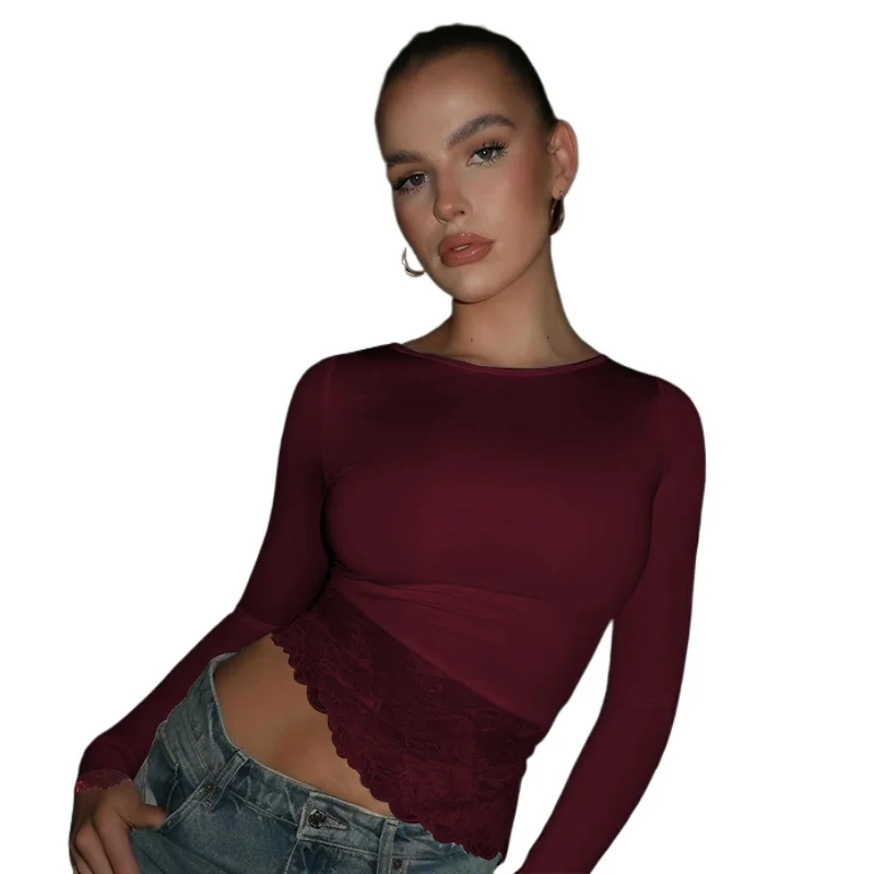 Pure Desire Wind Round Neck Lace Splicing Long-sleeved T-shirt Women's Autumn 2025 New Inner Bottoming Shirt Spicy Cw21215