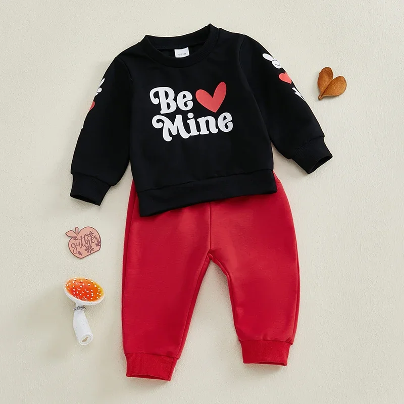 Conjuntos de otoño para niños y niñas, sudadera informal con estampado de letras, manga larga, cuello redondo y pantalones largos lisos, para el Día de San Valentín