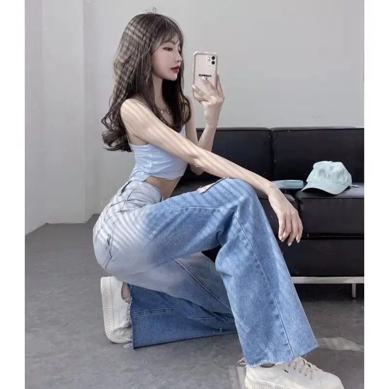 Ripped Gradient Jeans Women's Straight Leg Loose Hot Girl Summer High Waist Drape Wide Leg Color Block Floor-Mopping Pants