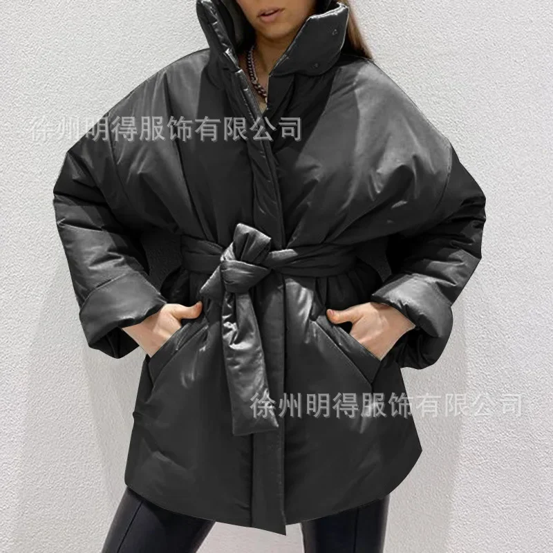 Winter Women Overszied Cotton Coat Jacket Parkas Thick Warm with Belt Casual New Loose Pocket Bubble Khaki Short Jackets Black