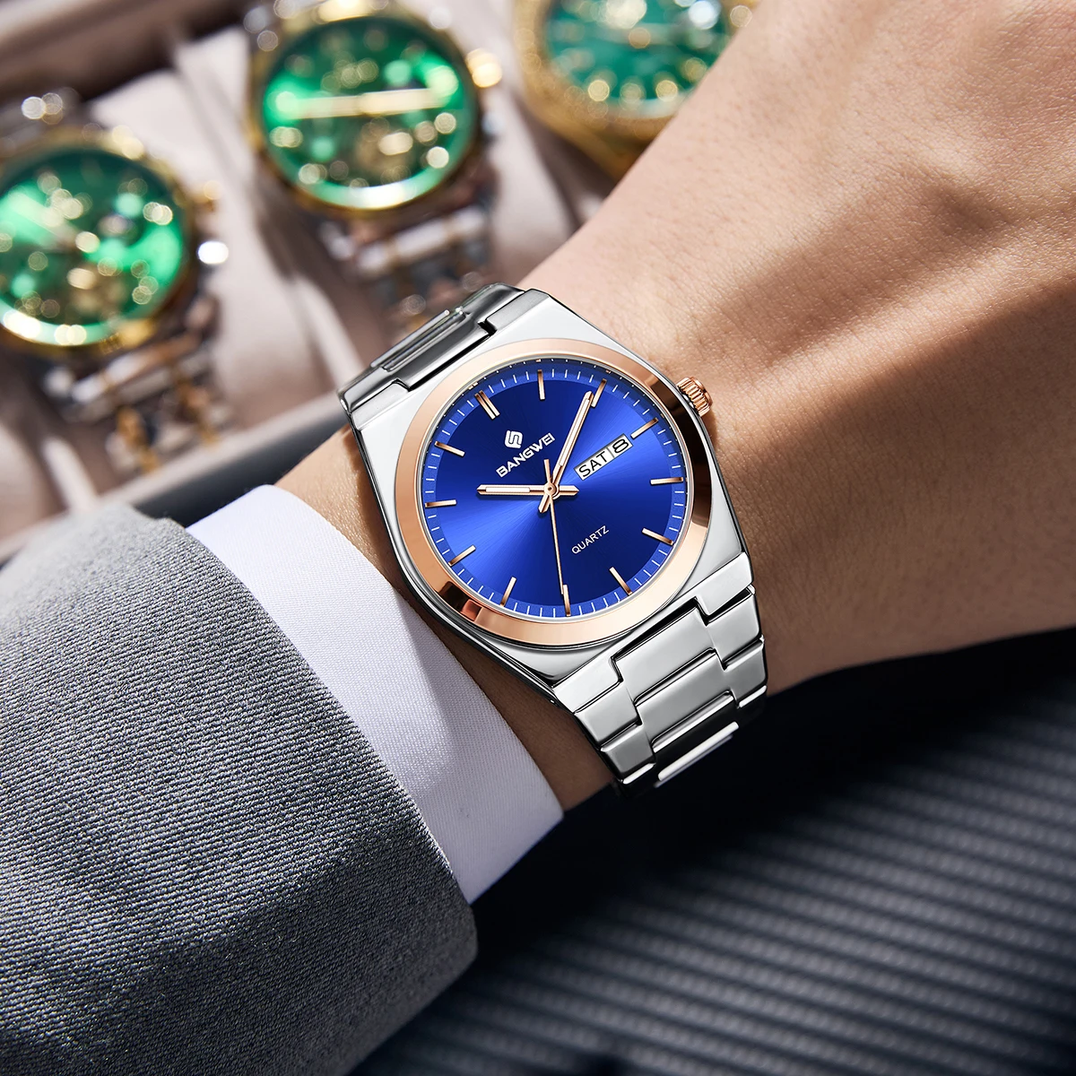 BANGWEI الفاخرة الرياضة كوارتز رجل ساعة اليد مقاوم للماء مضيئة تاريخ الأسبوع الرجال الساعات الفولاذ المقاوم للصدأ ساعة رجالي ذكر Reloj + صندوق