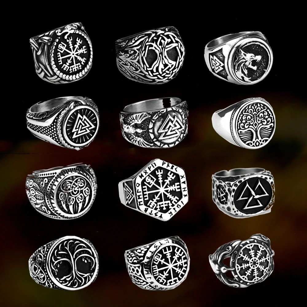 Vintage Nordic Viking Ring Stainless Steel Men Ethnic Belief Odin Compass Valknut Tree of Life Ring Amulet Jewelry Wholesale