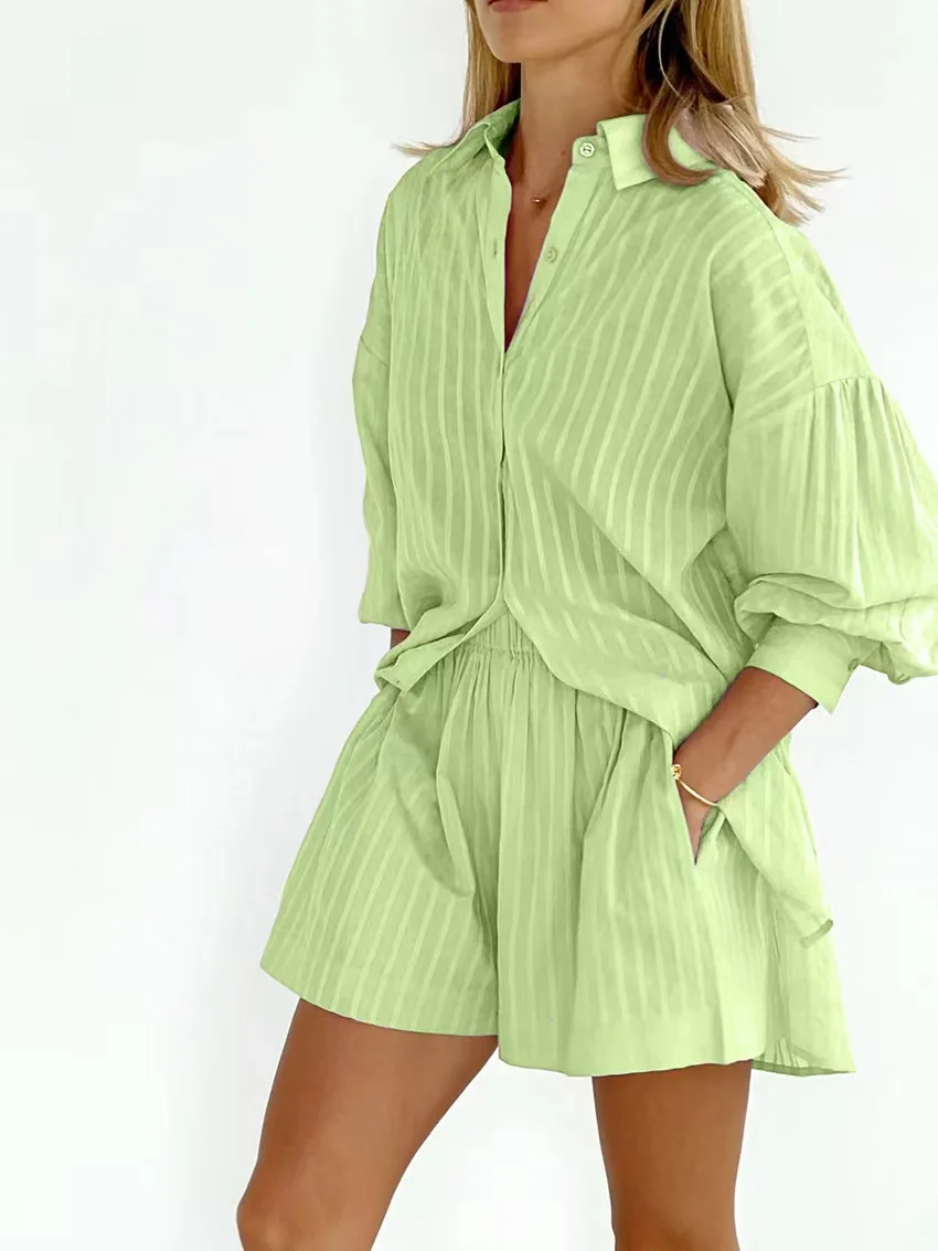 2024 Summer cotton shirt and Shorts Two Piece Set Women Stripe Puff Sleeves Commuting 2 Piece Sets Simple Style Lady Suit