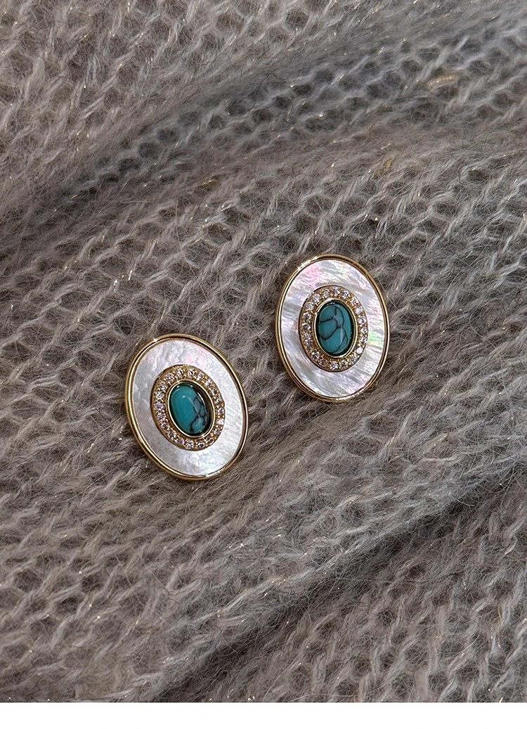 2026 Ovale Natürliche Muschel-Türkis-Ohrstecker für Damen Vintage Vergoldet Kubischer Zirkonia Böhmischer Eleganter Alltagsschmuck Geschenk – Detail 7