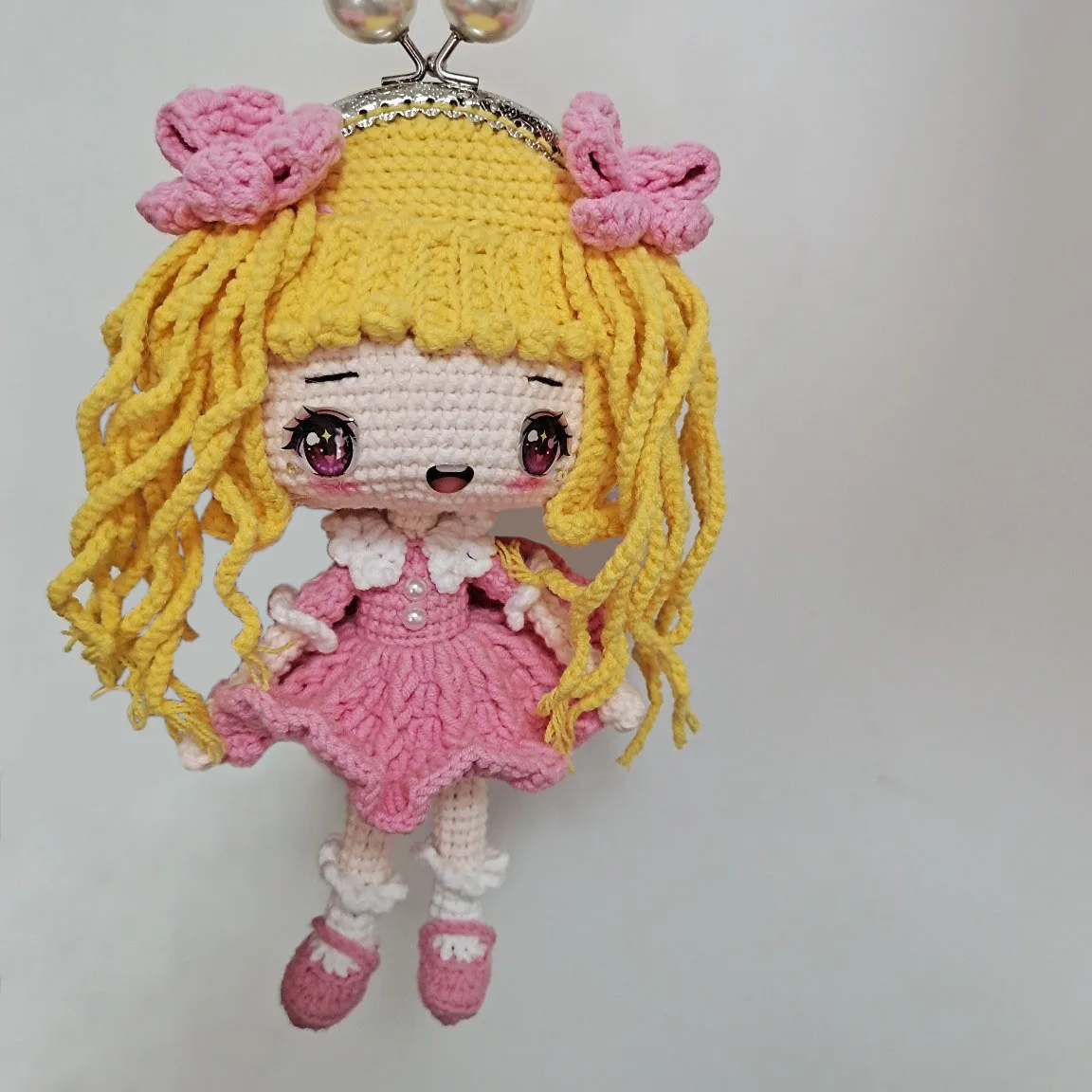 Finished Handmade Crochet Yarn 8.5 Golden Beautiful Girl Hand Carrying One Shoulder Crossbody Bag DIY Creative Kids Doll Wallet