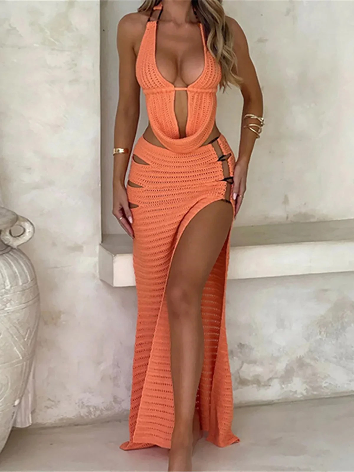 섹시한 홀터넥 V 넥 백리스 니트 비치 커버 업 커버 업 비치 드레스 비치웨어 비치웨어 두 조각 세트 여성 여성 K6379