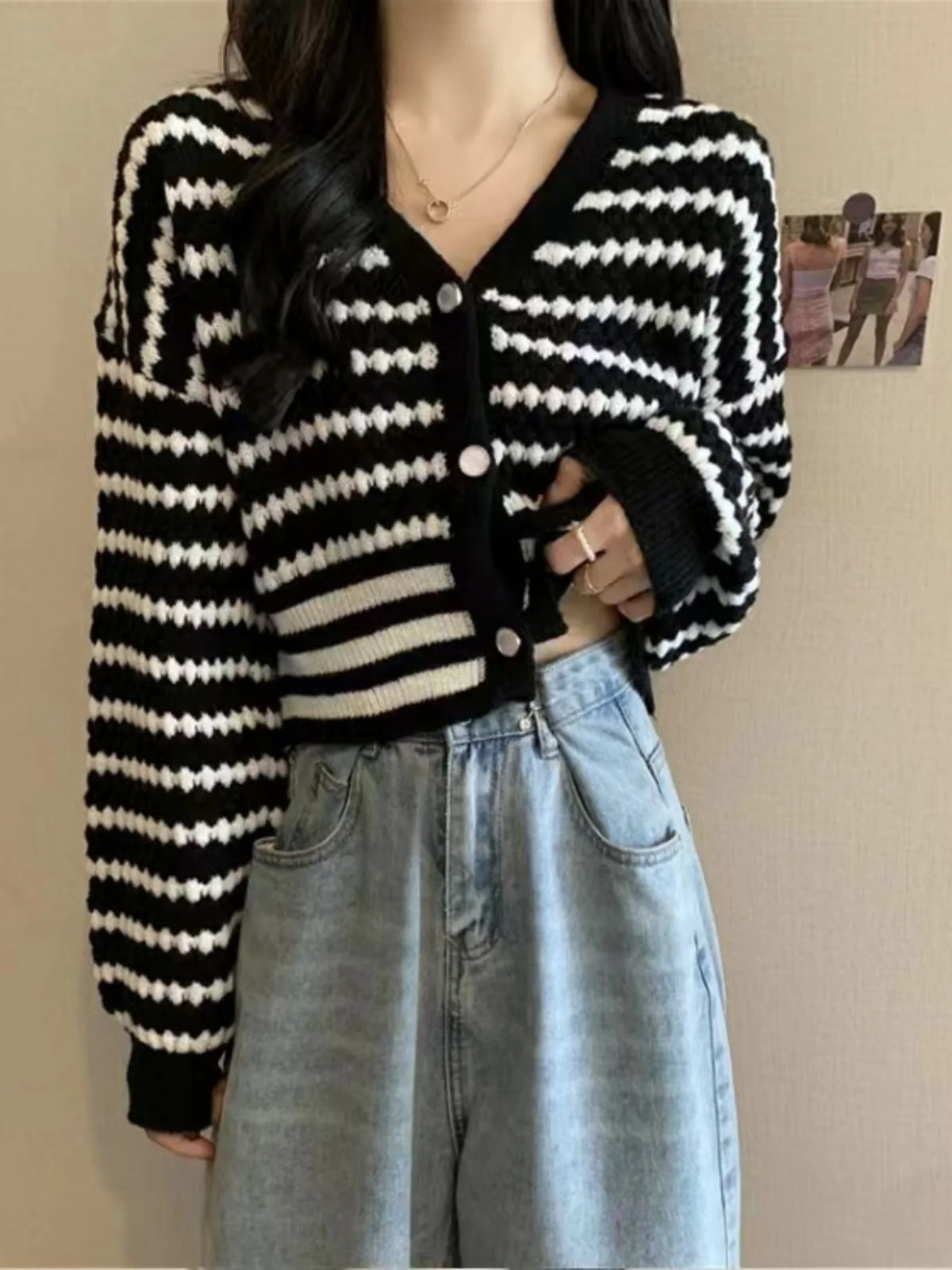 

Женский вязаный открытый кардиган V-Ne, свободный свитер, верхняя одежда с высокой талией, весенне-осенний полосатый длинный повседневный топ све