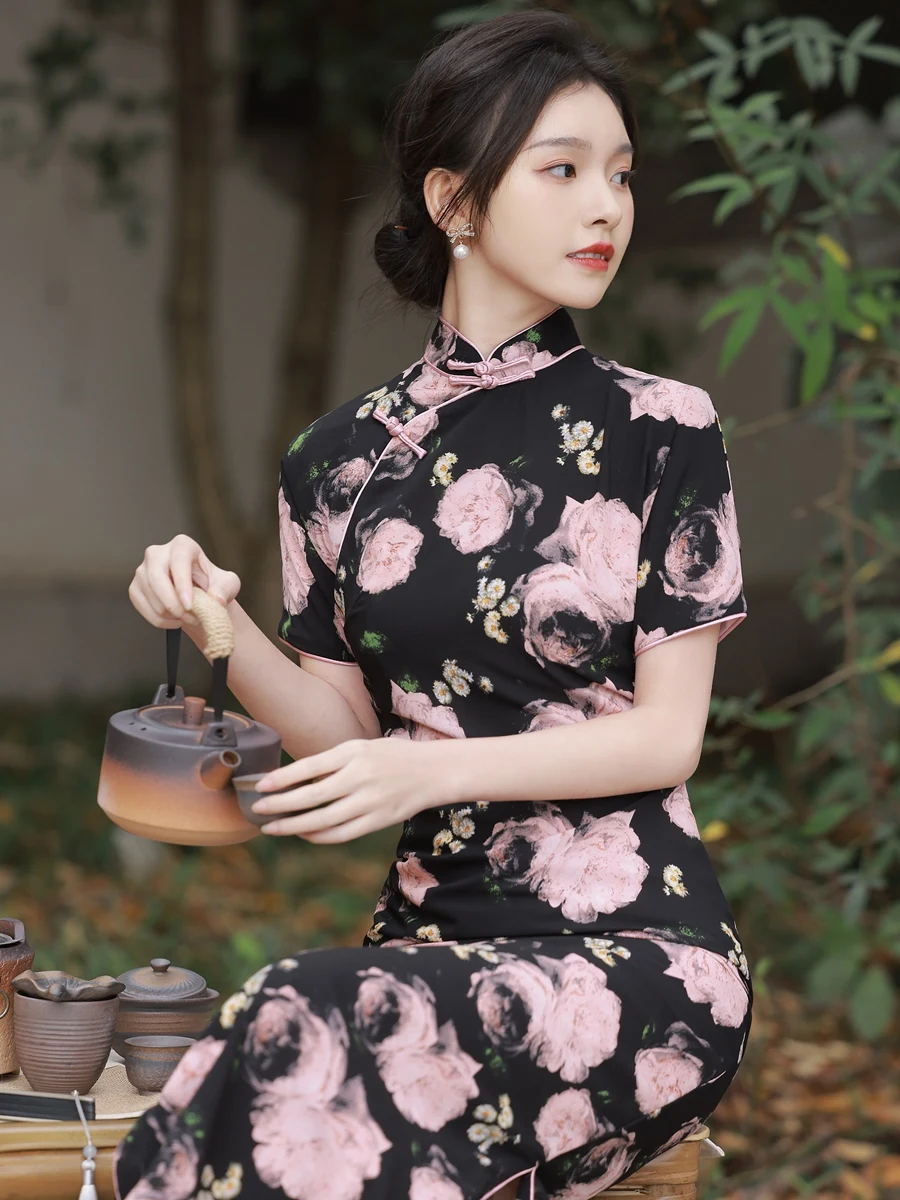 Young High-End Half Cardigan Summer Elegant Lady Style Cheongsam Traditional Long Dress