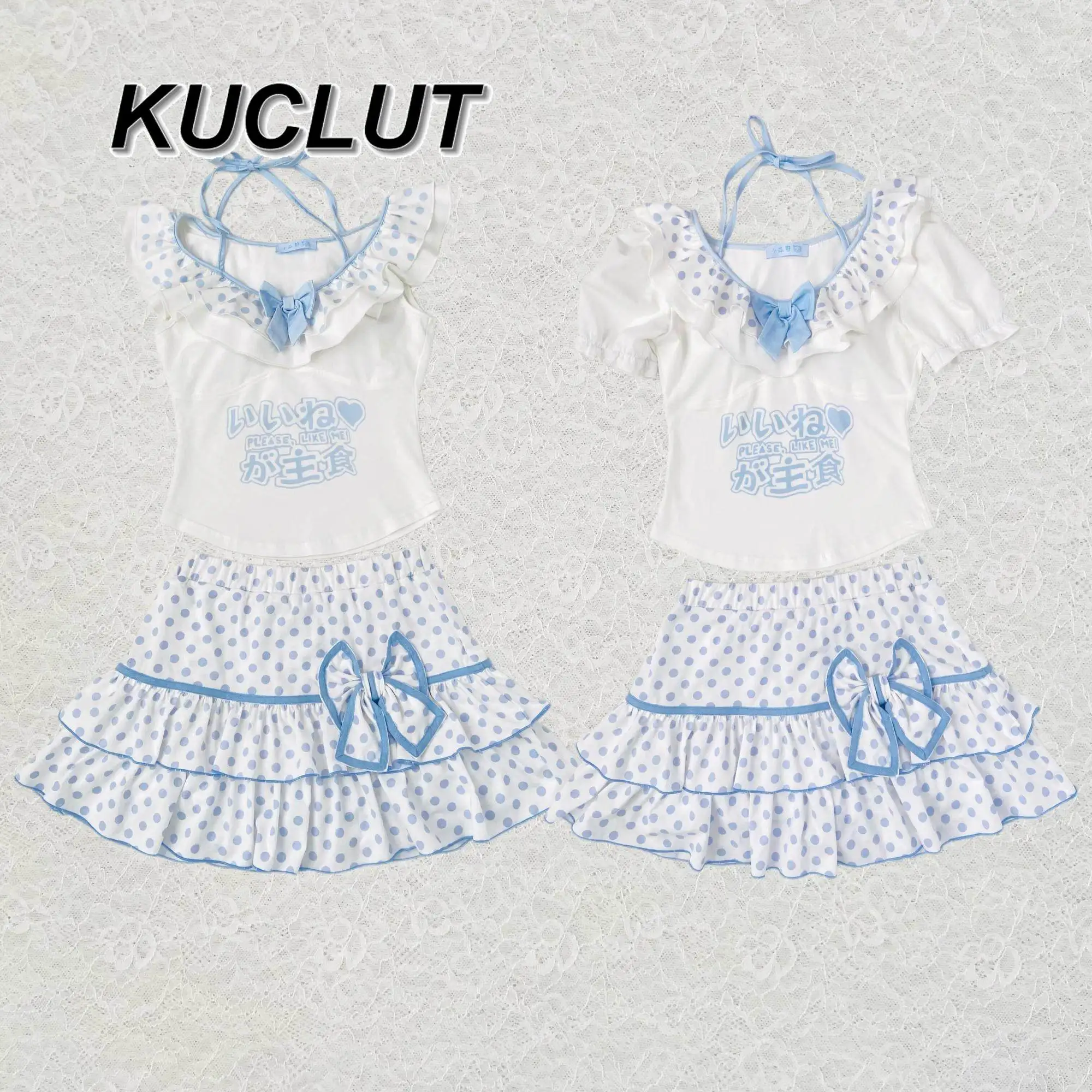 Subculture Japanese Style Short Sleeve Top Polka Dot Lace Bowknot Strap Bowknot Cake Dress Summer Two Piece Sets Womens