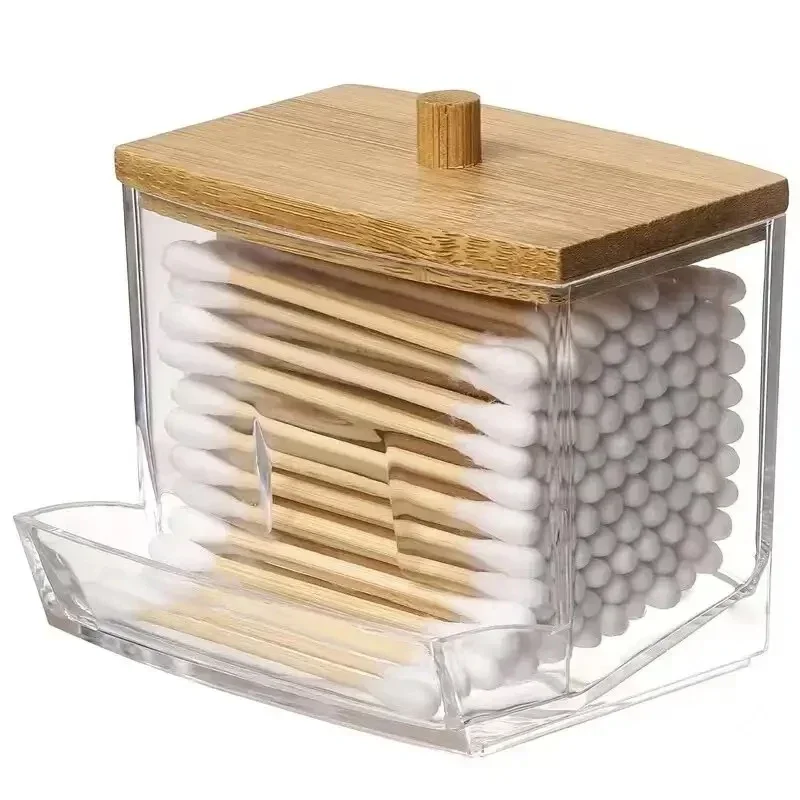 

Cotton Buds Double Head Cotton Swab Storage Box Container Transparent Square Bamboo Cover Cotton Swab Toothpick Organize Box