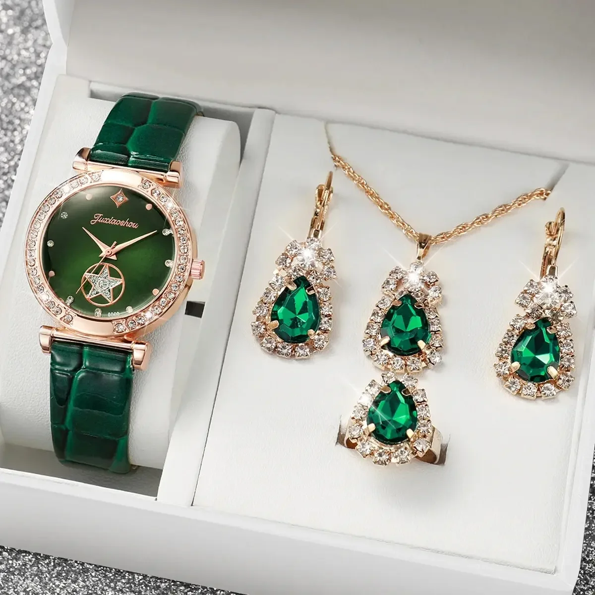Rose Gold Ladies Green Leather Watch Set Water Drop Emerald Crystal Jewelry Necklace Earrings Ring Party Ornament Kit