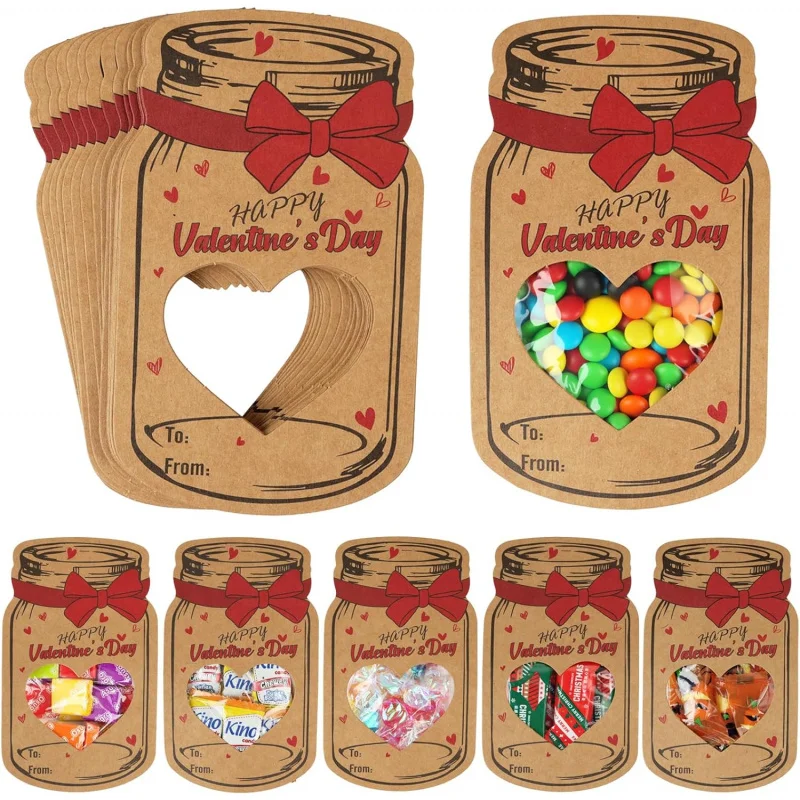 24 tarjetas del día de San Valentín con bolsas de golosinas, tarjetas en forma de tarro de albañil con ventana de corazón, bolsas de dulces de San Valentín para regalo personalizado