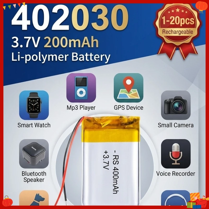 402030 LiPo Battery 3.7V 200mAh 1-20PCS Rechargeable Cell for MP3 GPS Smart Watch Camera Bluetooth Speaker Headphone Recorder