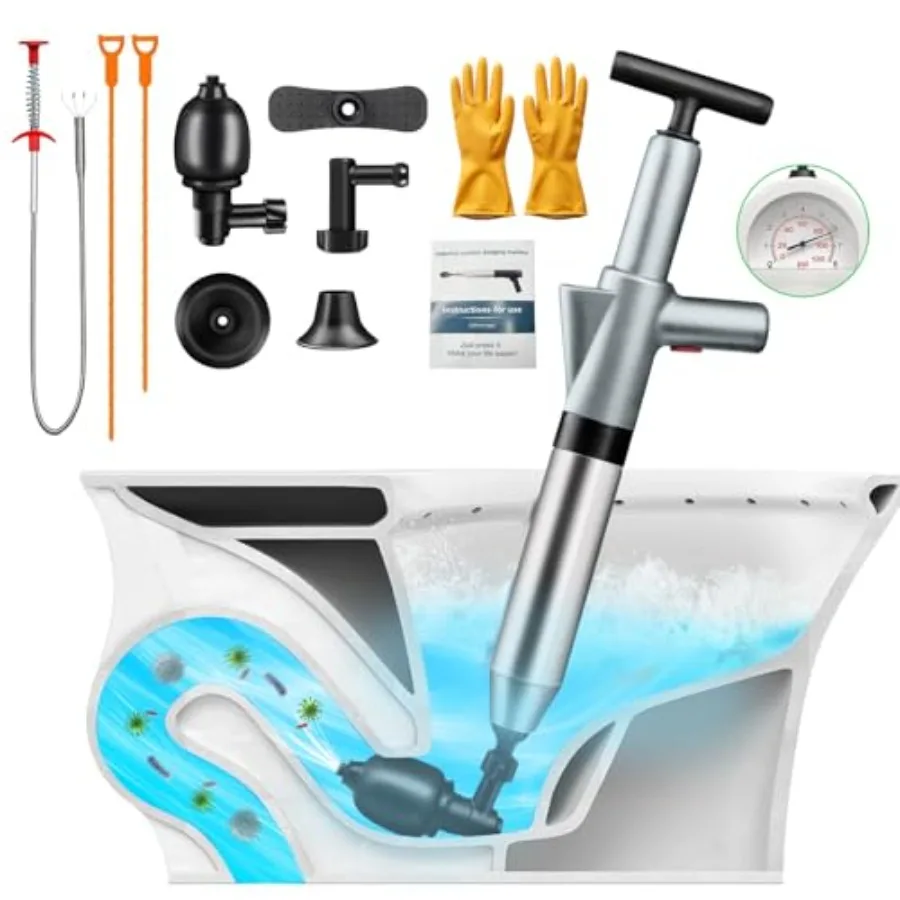 

Мощный вантуз высокого давления для унитаза, прочистка канализации с барометром в реальном времени, профессиональный инструмент для удаления засоров в ванной комнате